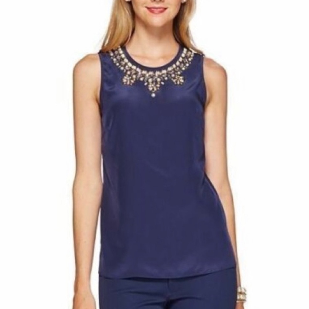 🌴LILLY PULITZER ‘Havana’ Embellished Silk Top in Navy - Picture 2 of 10